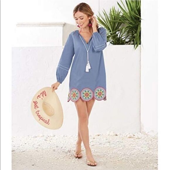 Mud pie White Blue Embroidered V-Neck Monaco Tunic top coverup Size Small NWT - Picture 11 of 12